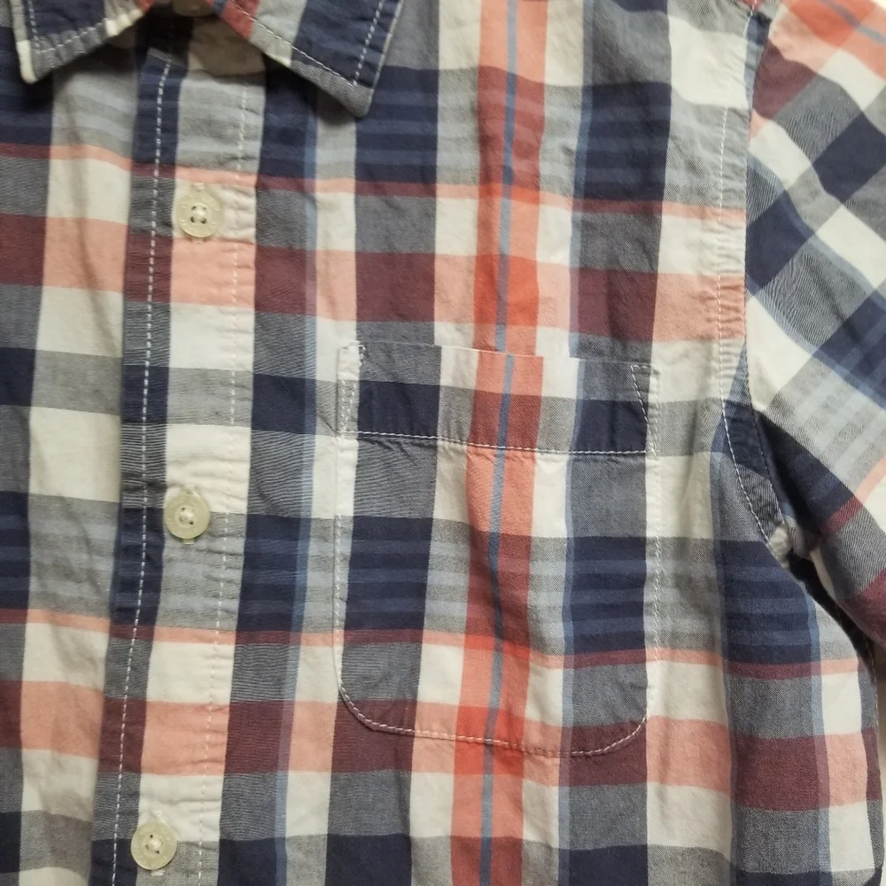 Old Navy Red & Blue Plaid Striped Print Short Sleeve Button Down Preppy Polo